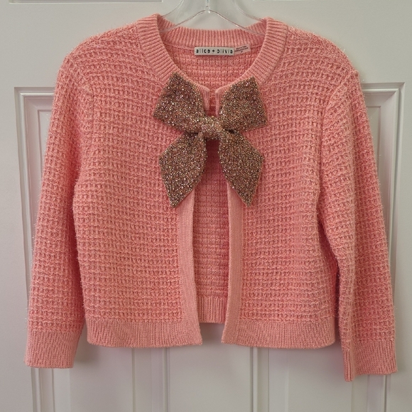 Alice + Olivia Pink Cardigan with Glitter Bow. Size Small Petite - Picture 4 of 12
